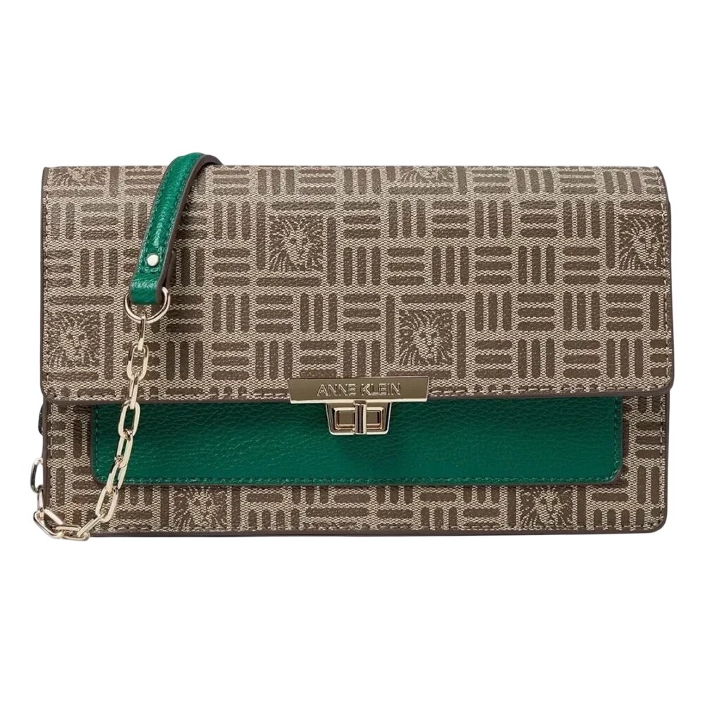 ANNE KLEIN Tile Lion Logo East/West Flap Shoulder Bag Green